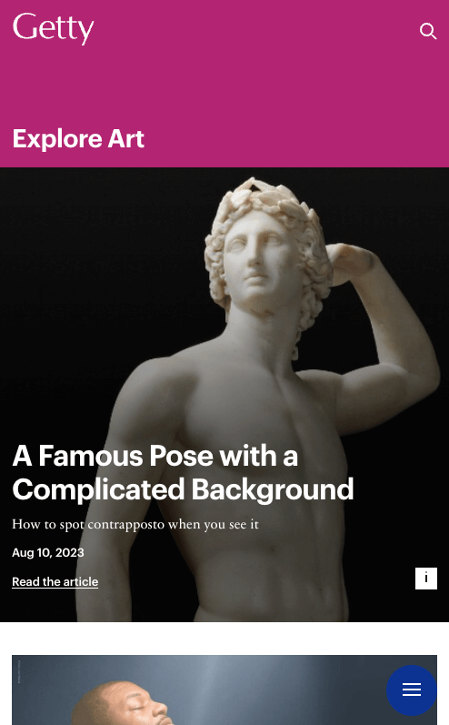 A themed mobile snapshot of the Getty 'expore' page