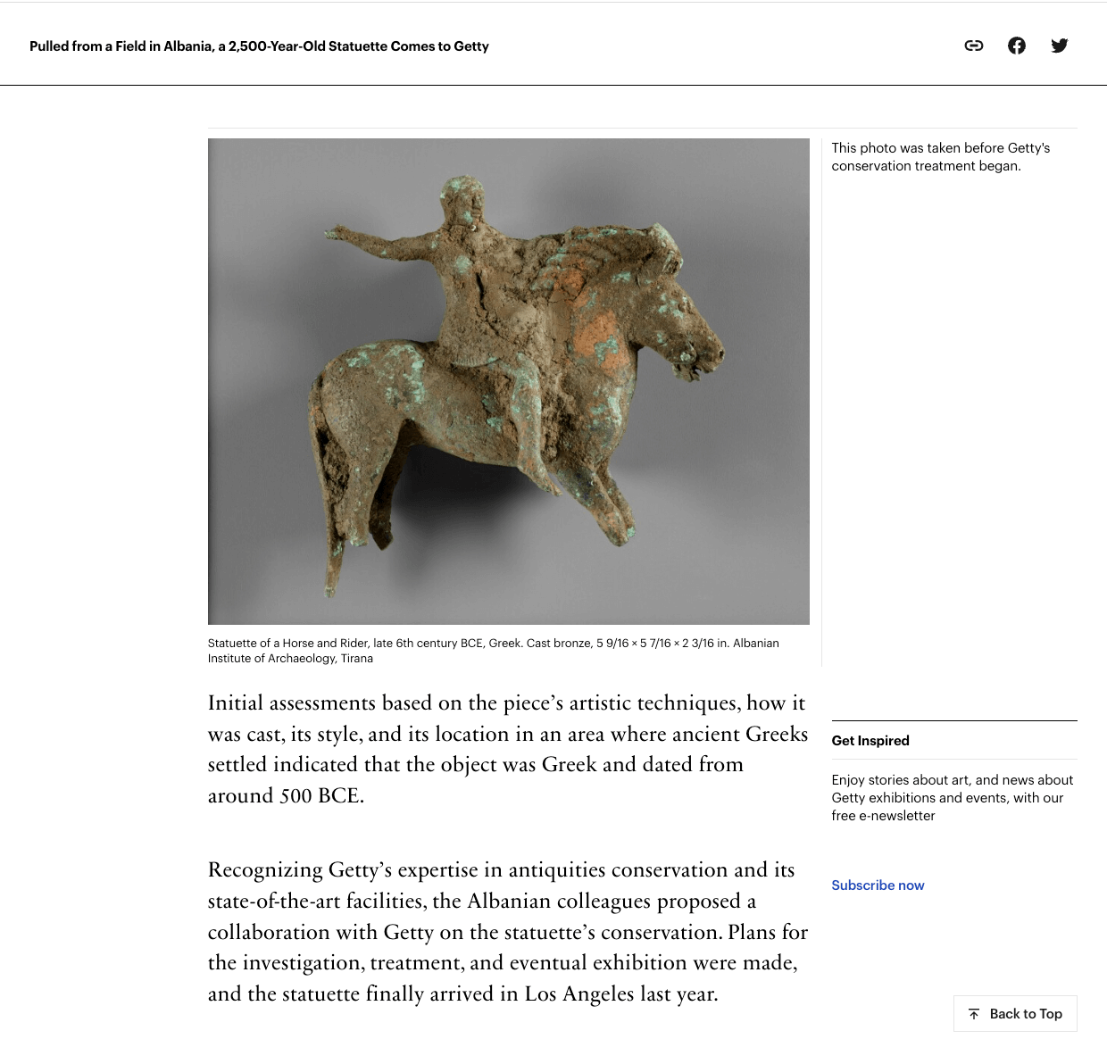 A snapshot of an article the Getty site
