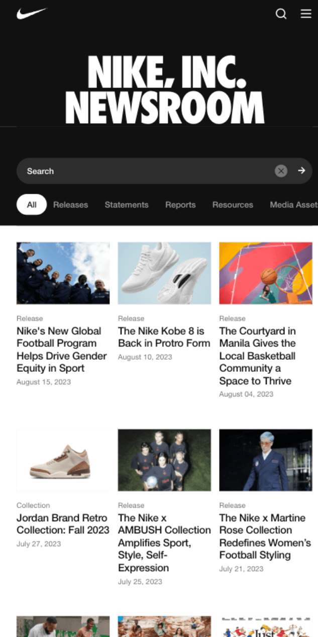 A mobile snapshot of the Nike newsroom page